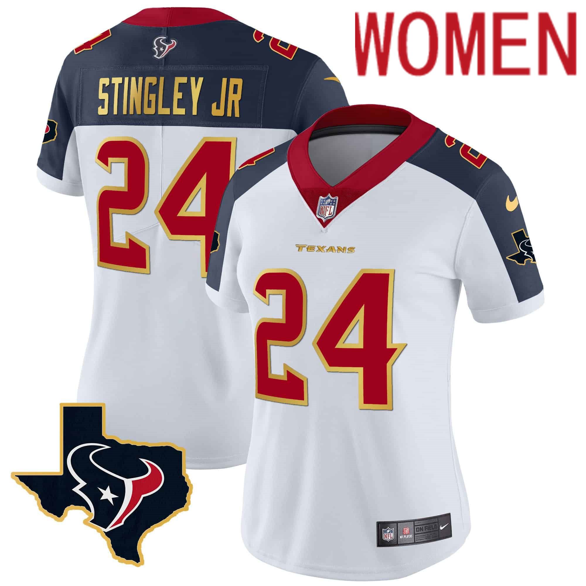 Women Houston Texans #24 Stingley jr White Gold 2024 Nike Trim Vapor NFL Jersey style 2->women nfl jersey->Women Jersey